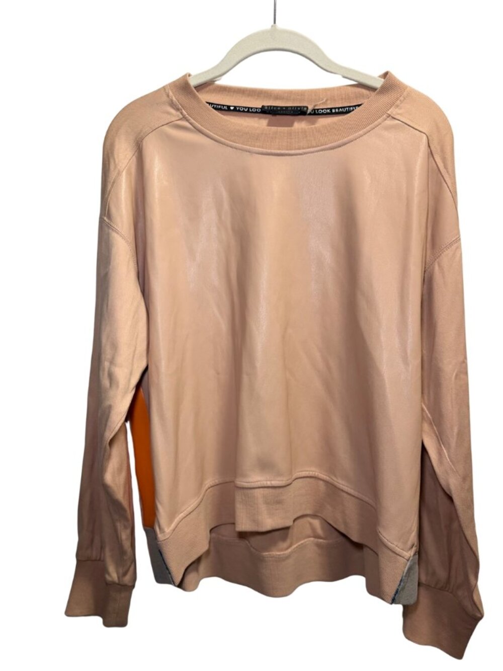 Alice + Olivia Tan Beige Satin Colorblock Pullover Sweatshirt